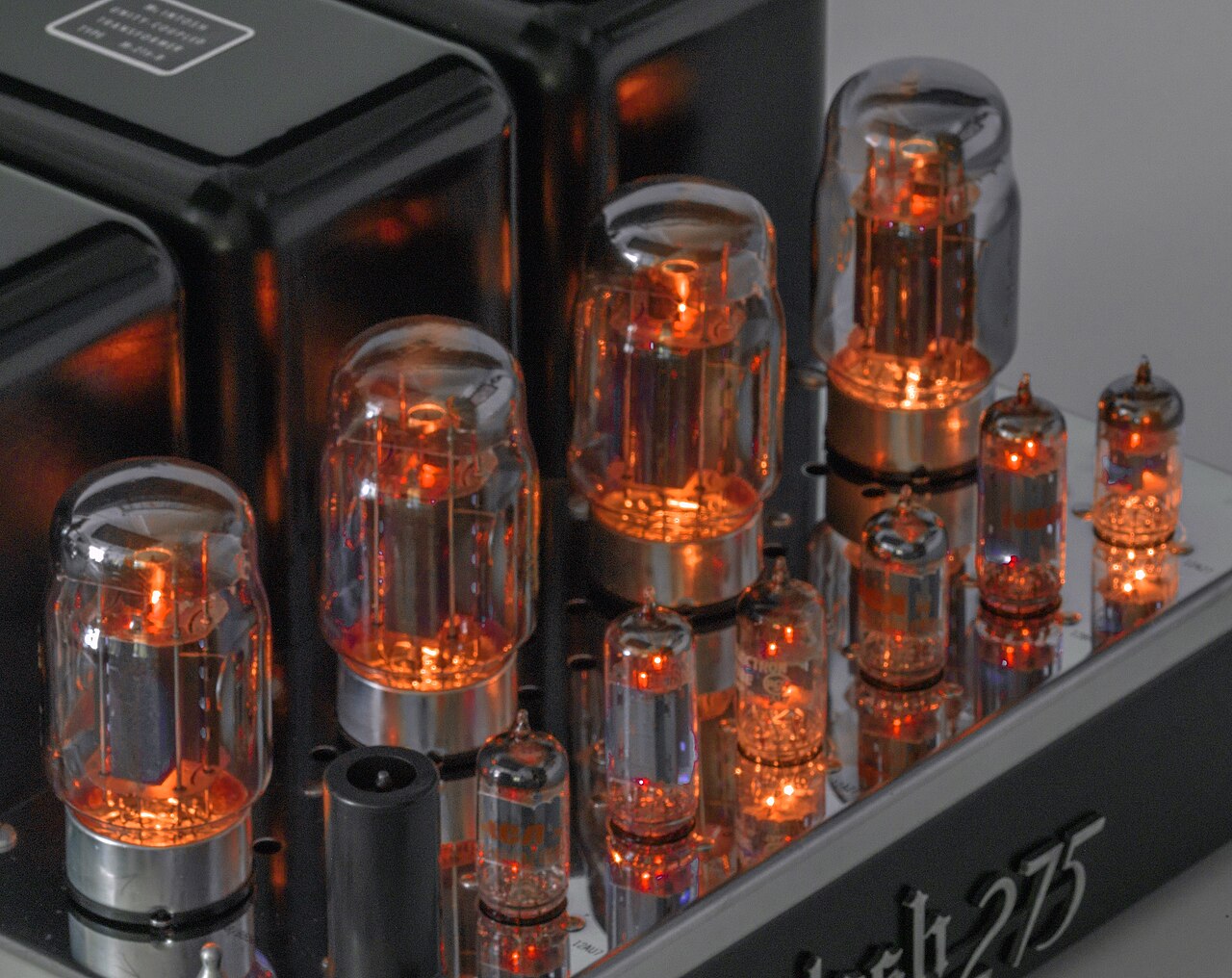 Real vacuum tubes glowing on a vintage McIntosh MC275 amplifier