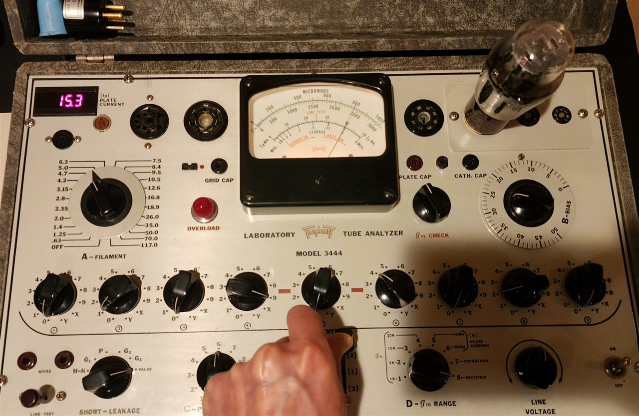 Rodney operating a Triplett 3444 Laboratory Tube Analyzer during a rectifier test